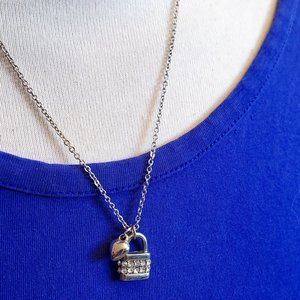 18" Silver Tone Heart Theme Lock Pendant Necklace